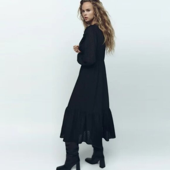 Zara Black Ruffle Tiered Midi Dress - Picture 11 of 13